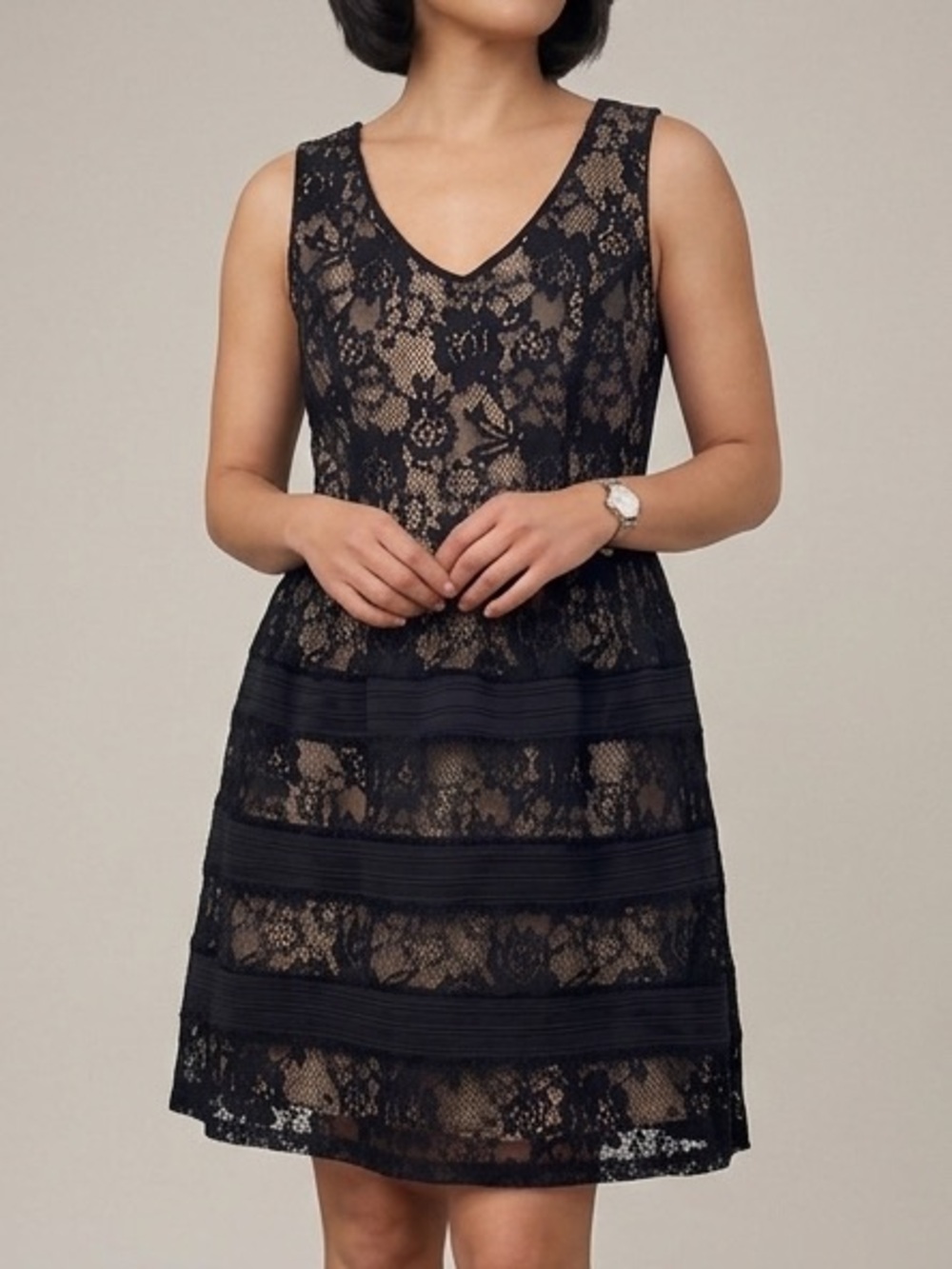 Candalite Sleeveless Black Lace Dress with Cream Underlay Large NWT